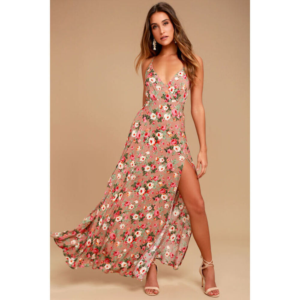 NWT Lulus Everlasting Bliss Blush Floral Print Maxi Dress Pink - Size XL
